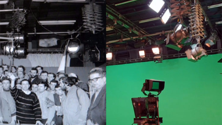 In stanga imaginii, Studioul 4 al TVR la Revolutia din 1989 (reproducere foto: Agerpres). In dreapta imaginii, Studioul 4 al TVR, in prezent (foto: Cristian Otopeanu)